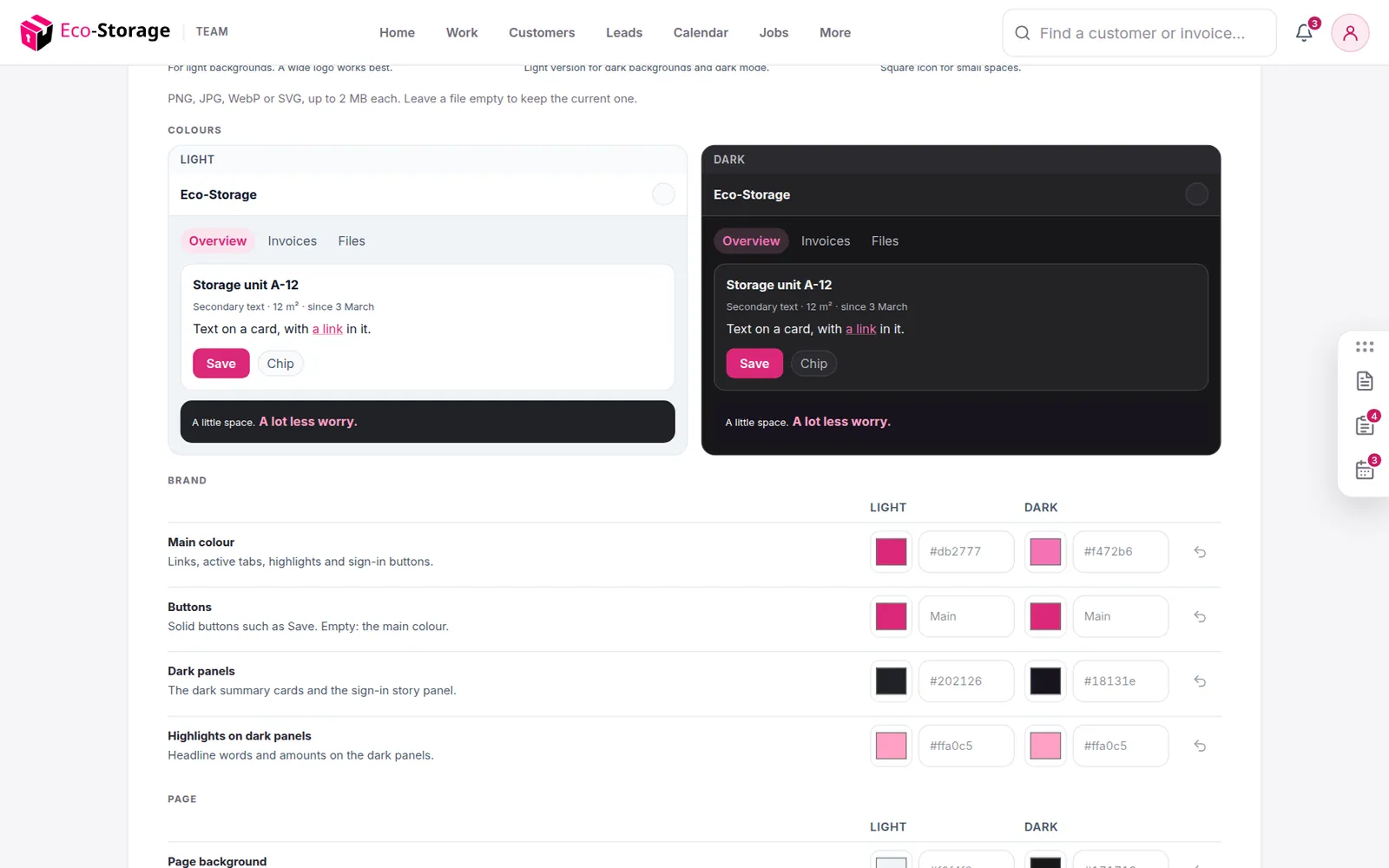The brand design settings with logo and colour theme