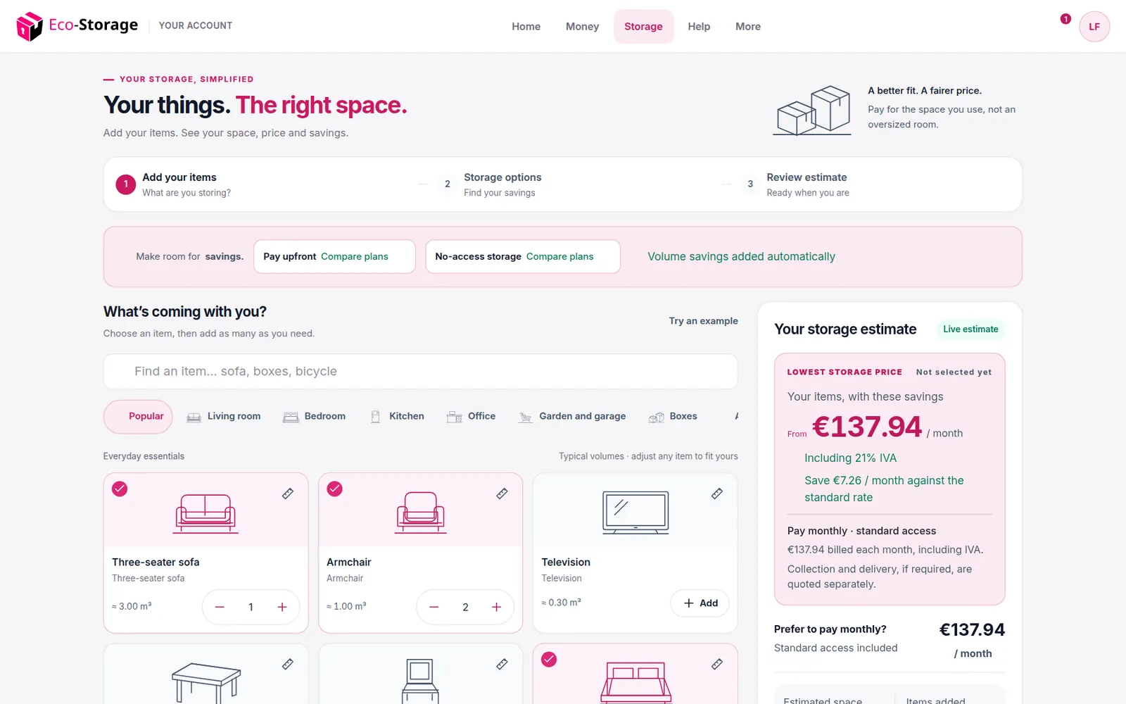 The space calculator with items chosen and a monthly price with a volume saving