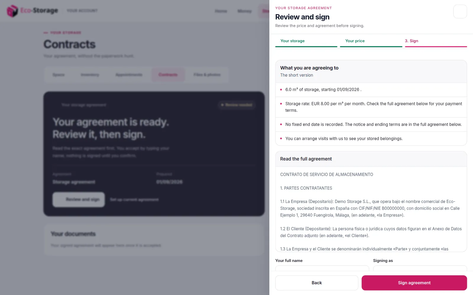 The online contract signing screen on a customer's account