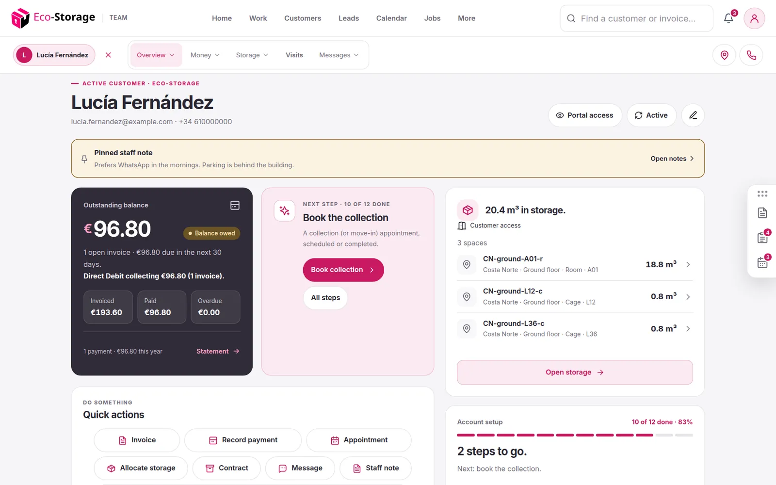 A customer page with units, balance, invoices and next step