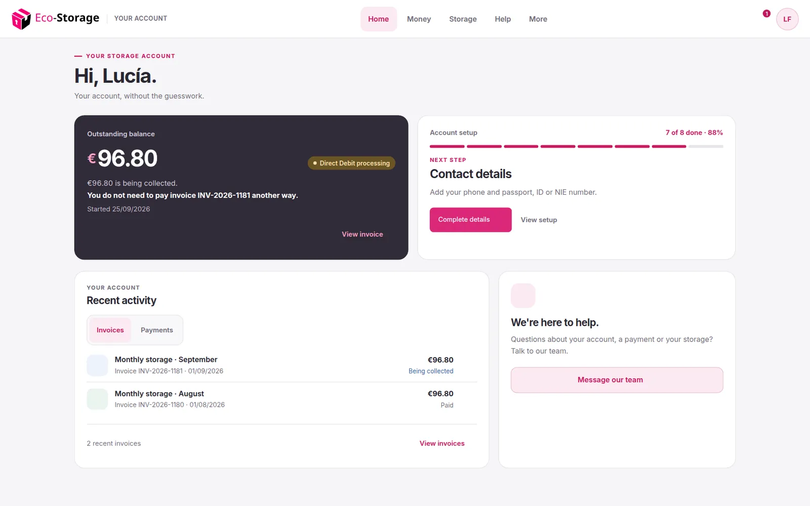 The customer portal showing units and invoices