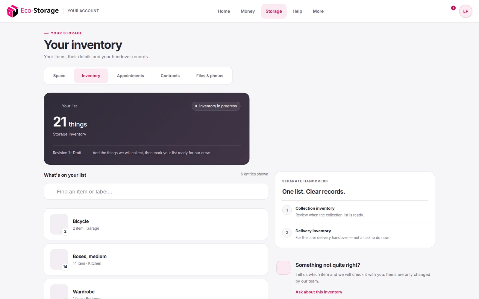 A customer's storage inventory in the portal