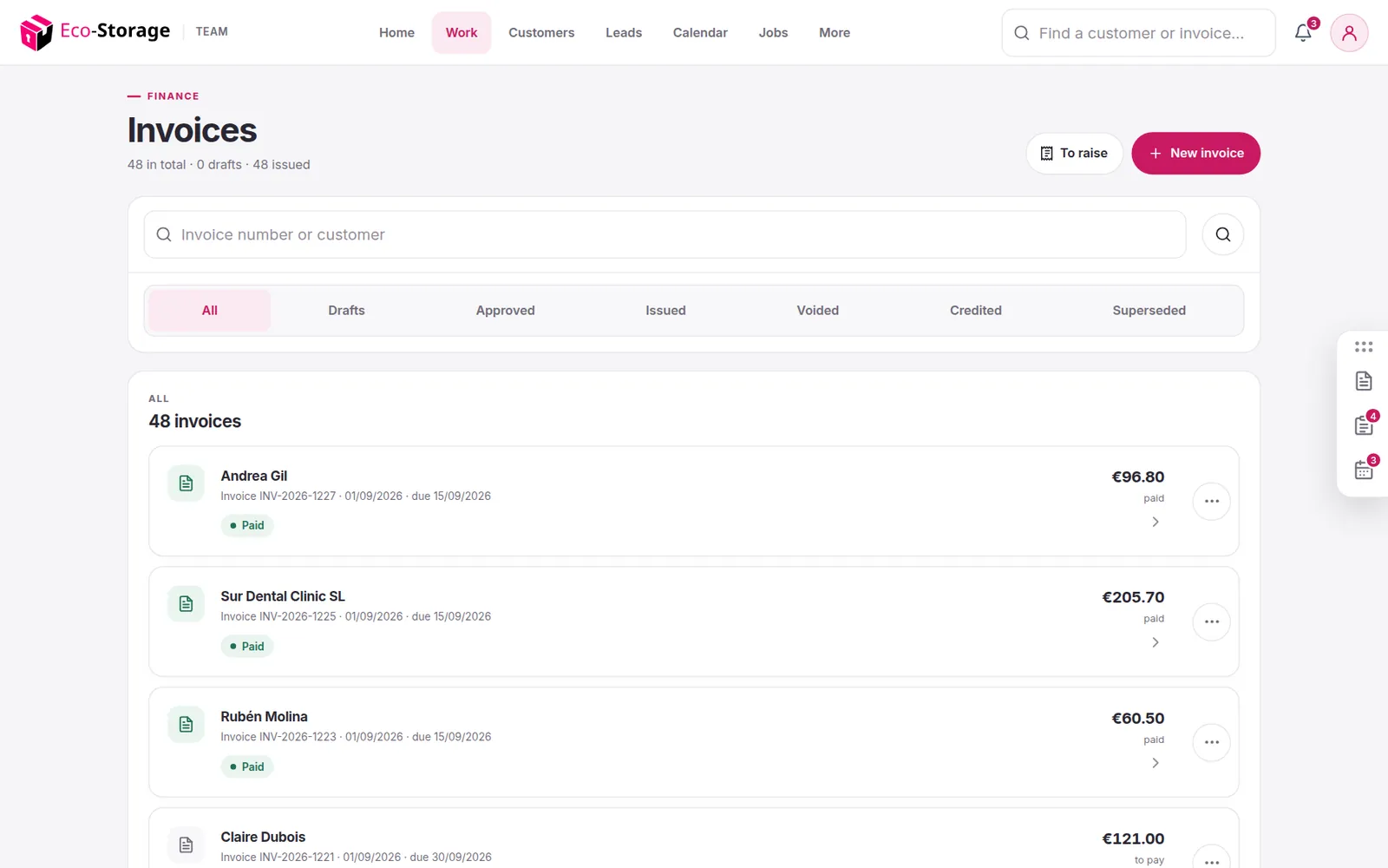 The invoices list with paid, due and collecting-by-Direct-Debit invoices