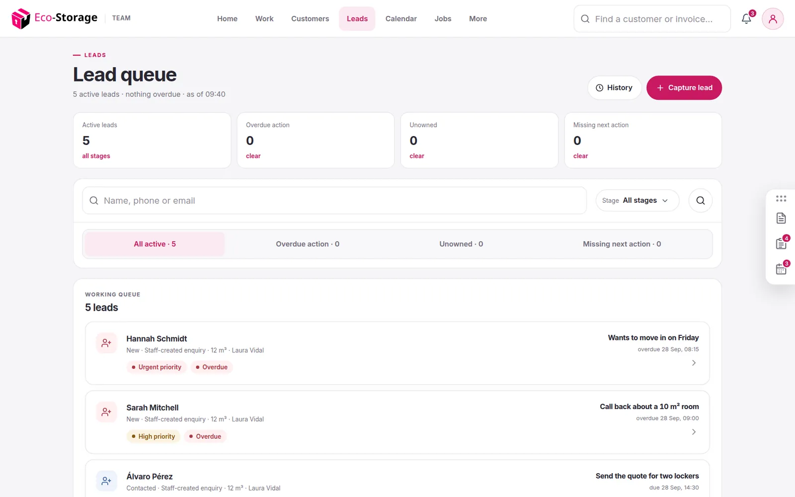 A list of storage enquiries with sizes, dates and follow-ups
