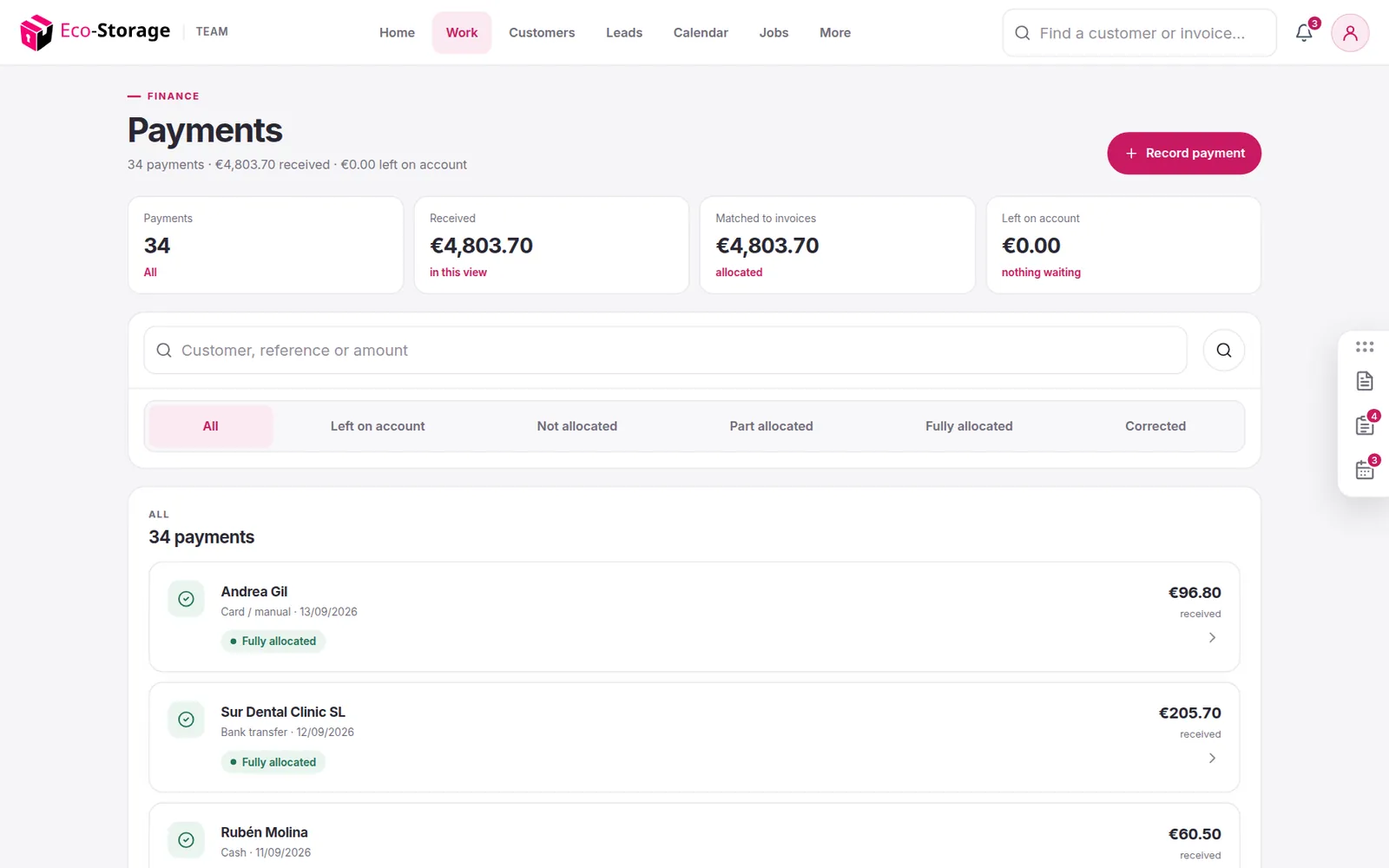 Payments matched against invoices