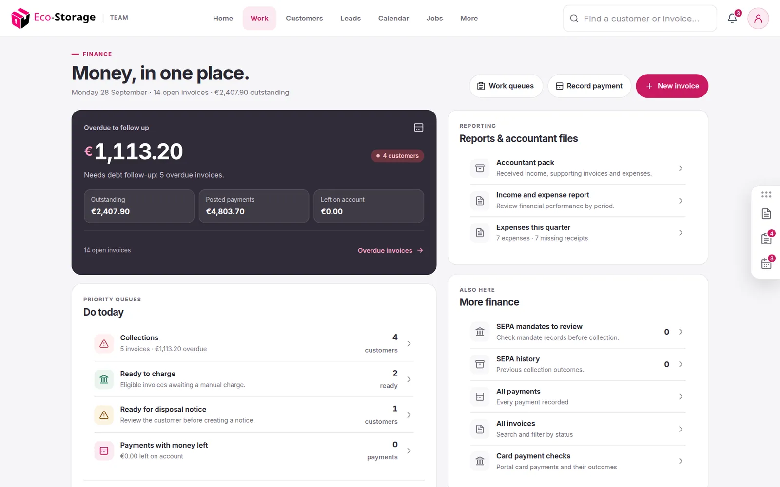 The finance overview with revenue, collections and debt