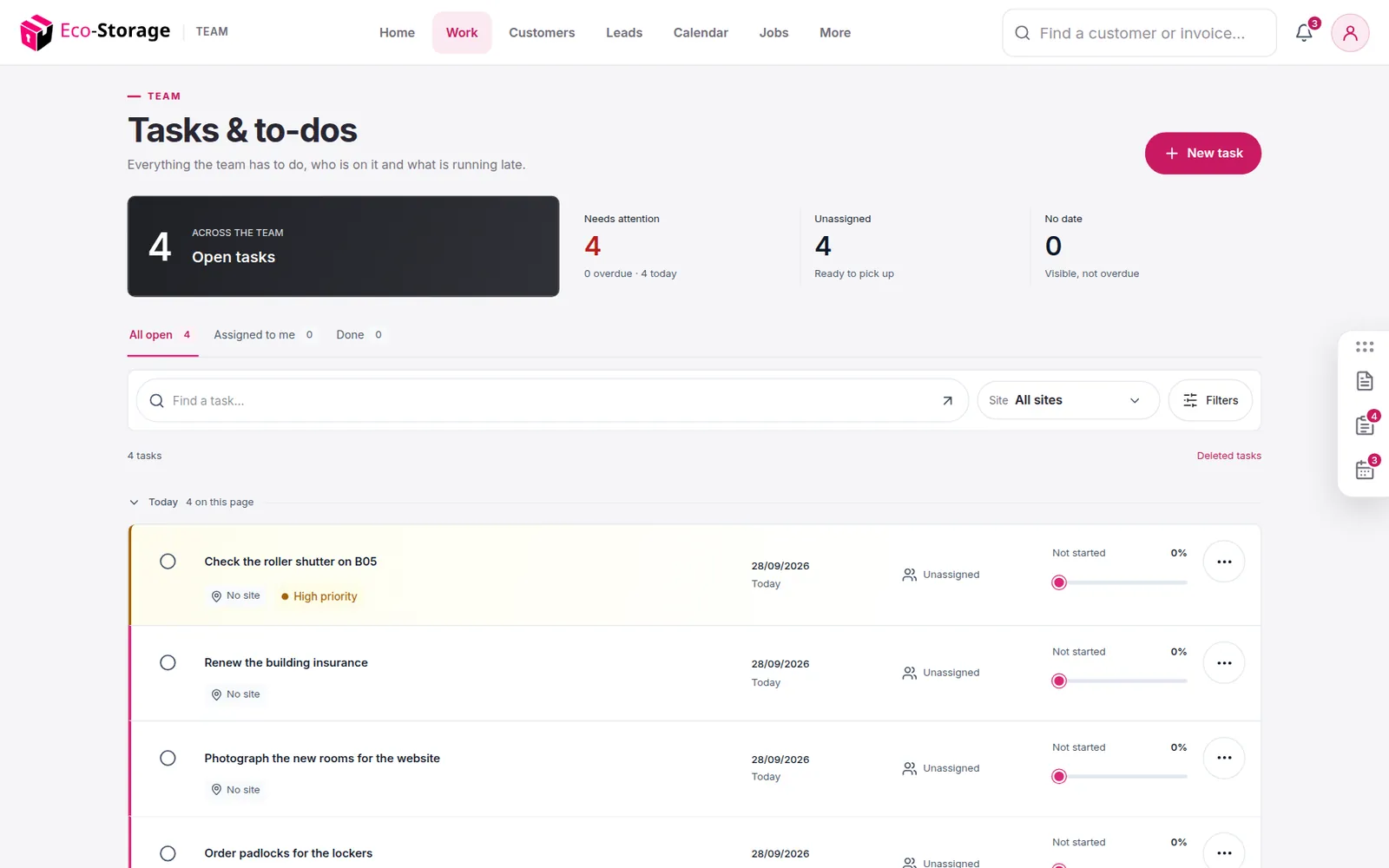 The team's tasks and to-dos with priorities and due days
