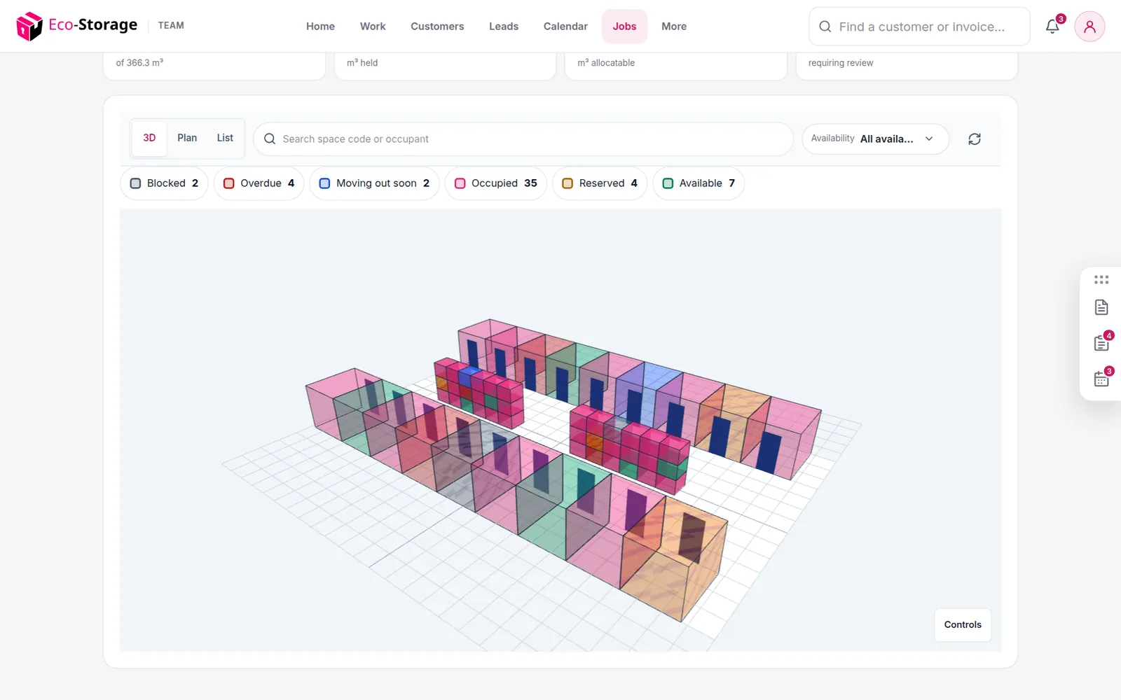 The 3D unit manager showing a warehouse of storage rooms coloured by status