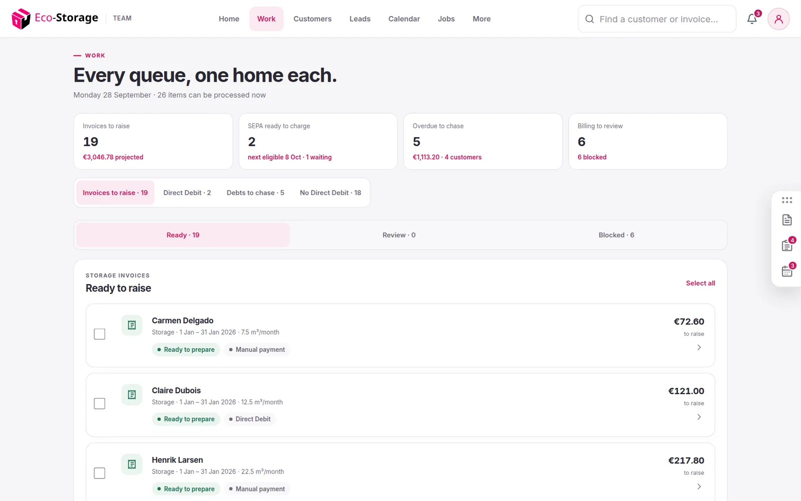 The work queues: invoices to raise, Direct Debit, debts to chase